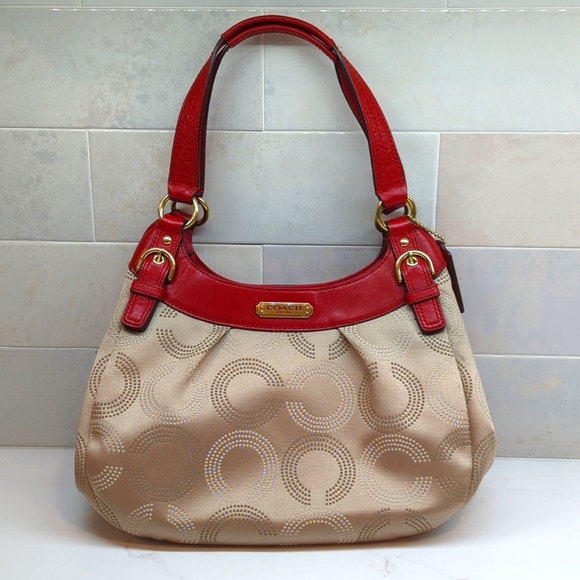 Coach Handbags - Coach Maggie Dotted Tan Satin, Red Leather Shoulder Bag. EUC!